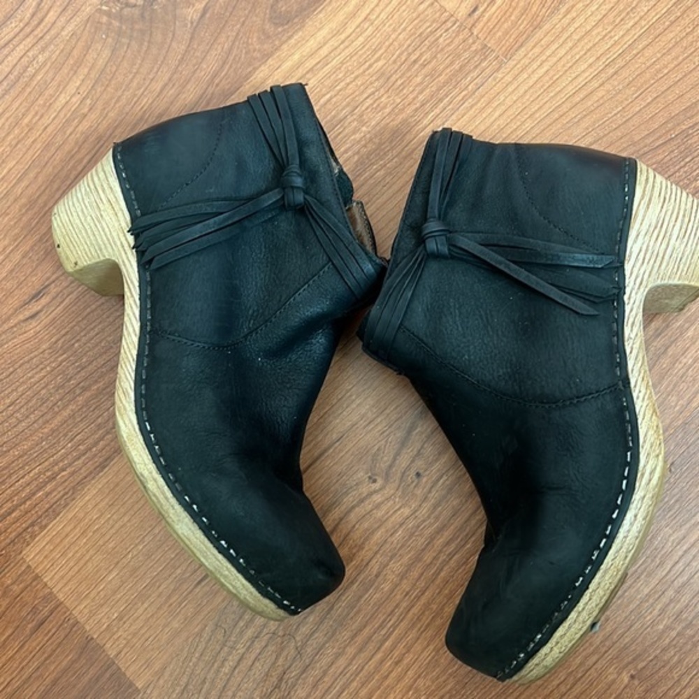 Dansko Black Ankle Boots with Tan Heel